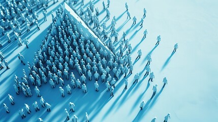 A large crowd of figures converging on a central pyramid, symbolizing organization, hierarchy, or teamwork.