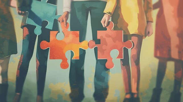 Business team illustrated as puzzle pieces, metaphorically holding solutions and working in unison, against a soft-colored background.