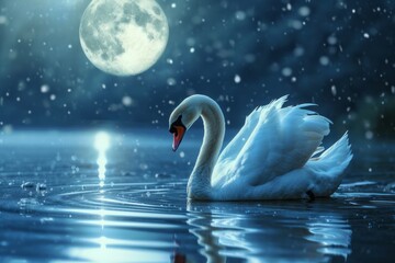 Swan swim in a calm lake at night against the backdrop of the full moon. Loneliness and sadness concept