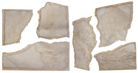Old Paper Texture. 6 Pieces of Worn-out Paper. Paper Scraps with Spilled Stains and Dirt. No Background. Vintage Cardboard with Creases. Sepia Pages. Old Yellowed Paper Pieces with Traces of Damage.