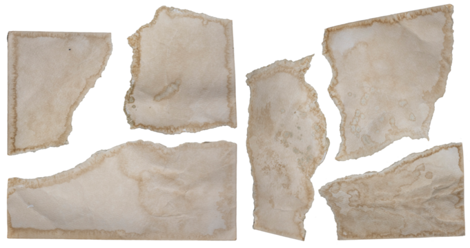 Old Paper Texture. 6 Pieces of Worn-out Paper. Paper Scraps with Spilled Stains and Dirt. No Background. Vintage Cardboard with Creases. Sepia Pages. Old Yellowed Paper Pieces with Traces of Damage.