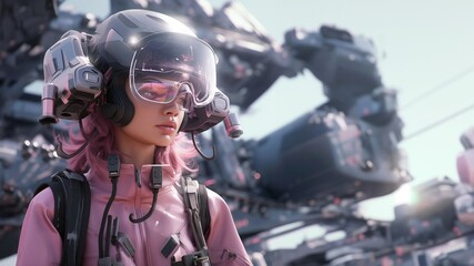Beautiful young woman wearing an aviator helmet and glasses. 3D rendering of a cyborg woman wearing virtual reality glasses, on a futuristic background.