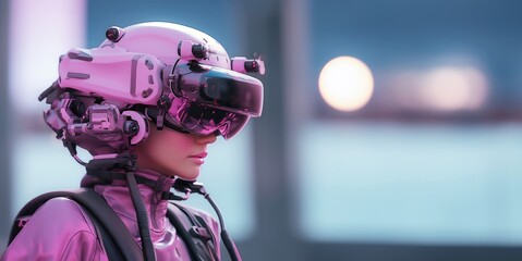 Beautiful young woman wearing an aviator helmet and glasses. 3D rendering of a cyborg woman wearing virtual reality glasses, on a futuristic background.