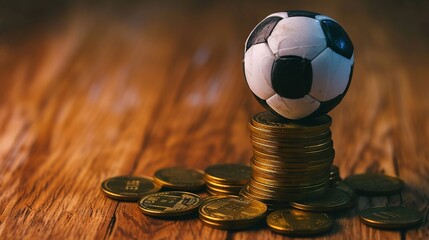 Macro shot of a mini soccer ball balanced on a stack of gold coins