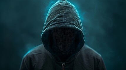 Mysterious figure in hoodie with digital face creating a sense of cyber anonymity - obrazy, fototapety, plakaty