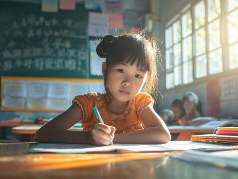 Asian girl kindergarten student sits and writes note in the classroom, Education in schools in the Asian zone, Classroom in kindergarten.