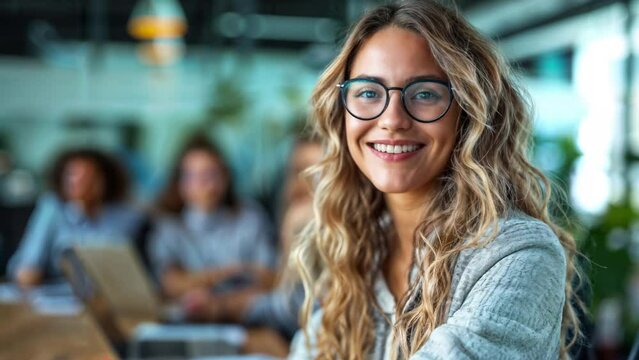 Smiling Woman with Glasses at Work Generative AI