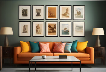 A modern living room with a sofa adorned with colorful pillows and a wall decorated ai generated