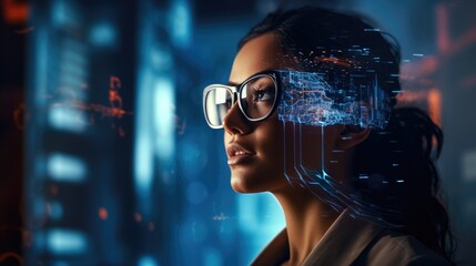 Hi-tech eyeglass, attractive woman wearing high technology glasses with Data line icon on eyeglasses and voice assistance function, generative ai - obrazy, fototapety, plakaty