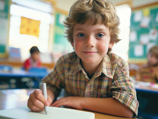 British boy kindergarten student sits and writes note in the classroom, Education in schools in the Europe zone, Classroom in kindergarten.