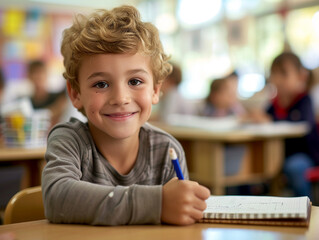 British boy kindergarten student sits and writes note in the classroom, Education in schools in the Europe zone, Classroom in kindergarten.