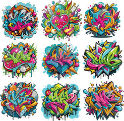 collection of 9 vector abstract graffiti elements in bright colours,generative ai