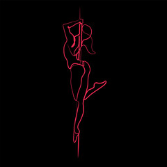 Dancing girl beautiful female abstract silhouette continuous line drawing, tattoo, print for clothes and logo design, silhouette one single line on black background, isolated vector illustration.