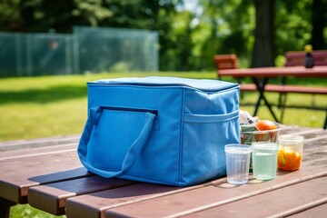 A blue bag suitable for camping, containing a freezer and cooler box to store cold lunch food. Generative AI