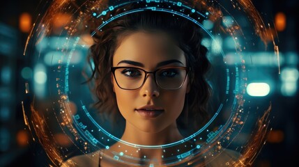 Hi-tech eyeglass, attractive woman wearing high technology glasses with Data line icon on eyeglasses and voice assistance function, generative ai