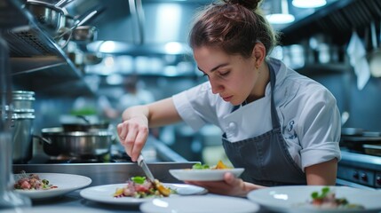 Focused Female Chef in Professional Kitchen Finishing Gourmet Dish with Precision and Care