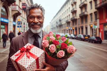 Fototapeta premium a man with a bouquet of red roses in his hands walks along a city street.