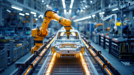 Automatic robots assemble cars in an assembly line at an assembly shop, industrial landscapes, a factory assembling cars for customers, shimmering metallics, the auto body works,
