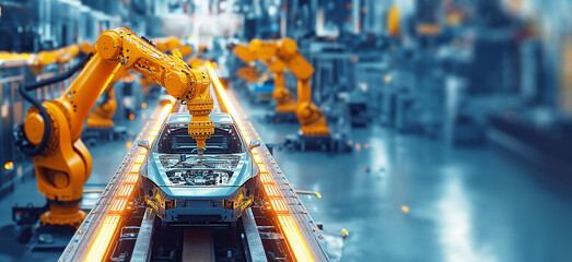 Automatic robots assemble cars in an assembly line at an assembly shop, industrial landscapes, a factory assembling cars for customers, shimmering metallics, the auto body works, - obrazy, fototapety, plakaty