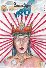 Watercolor portrait of a fantastic queen. Stylization of a photo from social networks. A metaphorical card for associative work with a psychologist