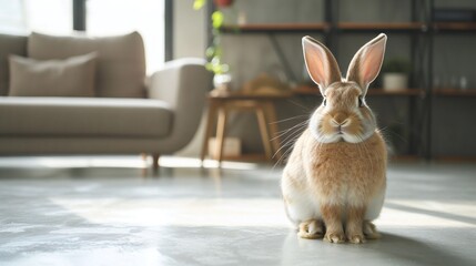 Adorable Fluffy Beige Easter Bunny Sitting on a Soft Gray Rug in a Bright Modern Home Interior with Stylish Furniture and Warm Natural Light Filtering through Sheer Curtains Creating a Serene and Welc