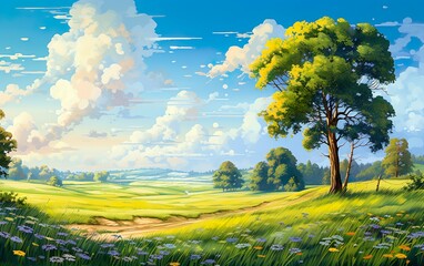 Landscape in summer with trees and meadows