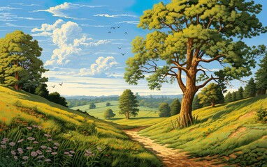 Landscape in summer with trees and meadows