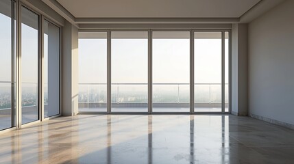 Modern room with panoramic windows and expansive city view