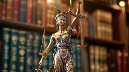 Statue of Lady Justice in front of a bookcase symbolizing law and fairness