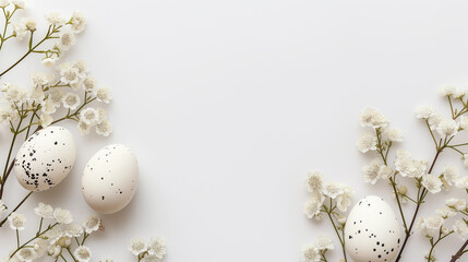 Soft white background and white eggs with florals with space for writing. Easter background. Cute and stylish,