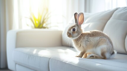 Adorable Fluffy Beige Easter Bunny Sitting on a Soft Gray Rug in a Bright Modern Home Interior with Stylish Furniture and Warm Natural Light Filtering through Sheer Curtains Creating a Serene and Welc