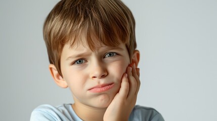 little boy presses hand to cheek, suffers from pain in tooth isolated on gray studio background. Teeth decay, dental problems, child emotions and facial expression