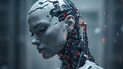Close-Up View of an Advanced Humanoid Robot Head with Exposed Internal Mechanisms and Circuitry Under Rain Signifying Futuristic Artificial Intelligence Technology