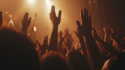 Silhouetted Hands Reaching Up in a Concert Crowd with Golden Stage Lights Illuminating the Haze of an Exciting Live Music Event