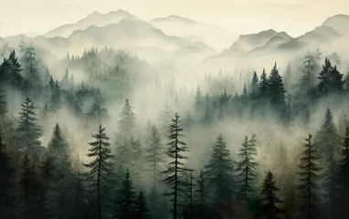 Cercles muraux Forêt dans le brouillard Misty mountain landscape with fir forest in vintage