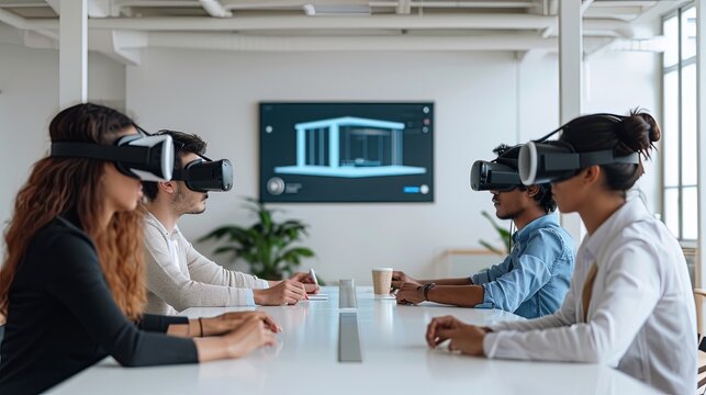 business people are standing at a large conference table wearing VR headsets and are engaged in an online meeting people in the meeting are discussing a new technology that will revolutionize the way - Powered by Adobe