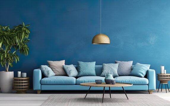 Modern cozy living room and blue wall texture backgound