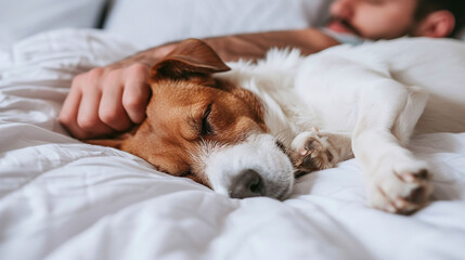 Intimate Moments of Relaxation as Young Man and His Trusty Jack Russell Terrier Enjoy a Nap Together in a Bright Bedroom with White Linens Embracing the Comfort and Bond of a Pet-Friendly Home
