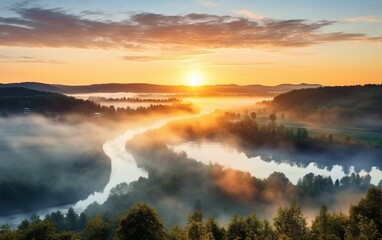 Panorama of a summer landscape with sunrise fog
