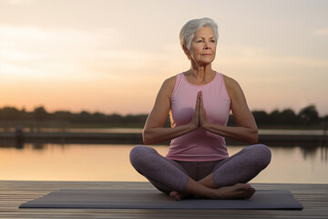 Fototapeta na wymiar Elderly woman doing yoga meditation on the shore of a lake at sunset.