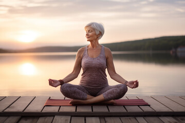 Fototapeta na wymiar Elderly woman doing yoga meditation on the shore of a lake at sunset.