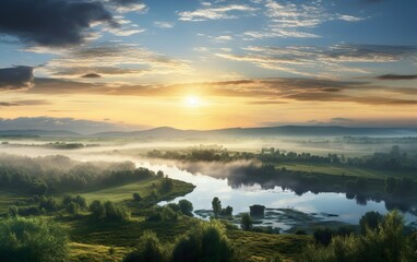 Panorama of a summer landscape with sunrise fog