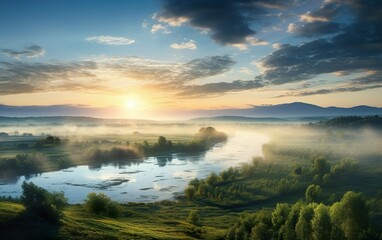 Panorama of a summer landscape with sunrise fog