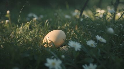 Easter egg hunt. Eggs laying in grass with flowers. Easter game.