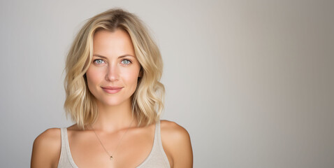 Fototapeta premium Confident Mature Woman with a Radiant Smile, Casual White T-shirt, Professional Headshot for Business and Lifestyle