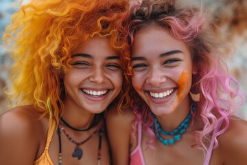 Two stylish women show off their happy smiles and trendy fashion accessories, with one rocking a surfer hairdo and the other sporting beautiful ringlets, as they pose outdoors and exude confidence an