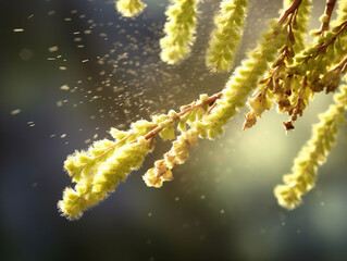 Naklejka premium Macro Photography of Hazel Tree Pollen Spreading in the Air, Allergy Season Concept