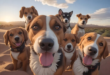 A group of happy dogs with a close-up of one at the front ai generated