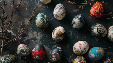 Easter Rustic background. Traditionally decorated eggs on rustic background in dark tones. - obrazy, fototapety, plakaty