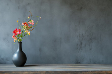Minimalistic interior. A black vase with pink flowers on plain table with grey wall background. - Powered by Adobe